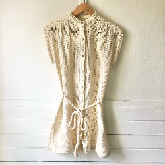 70s Vtg Open Knit Wood Button Rope Belted Tunic - Picture 12 of 17